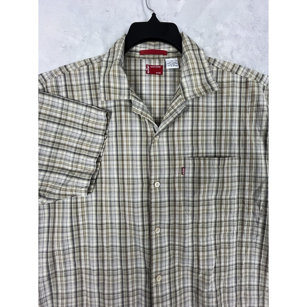 LEVI'S Men's Shirt Large Brown Plaid Button-Up Short Sleeve Side Split Western